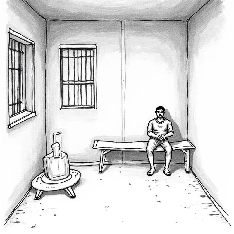 A drawing depicting the interior of a jail cell, with a figure sitting on a cot.
