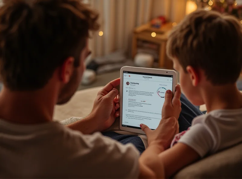Conceptual image of a parent and child using an iPad with parental controls interface.