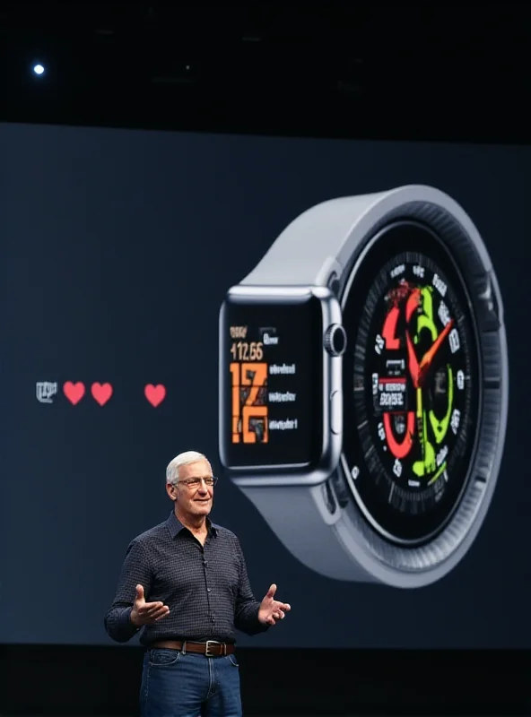 Close-up shot of an Apple Watch Series 10 being unveiled on stage during an Apple Event, with Tim Cook gesturing towards the watch and a large screen displaying its key features.