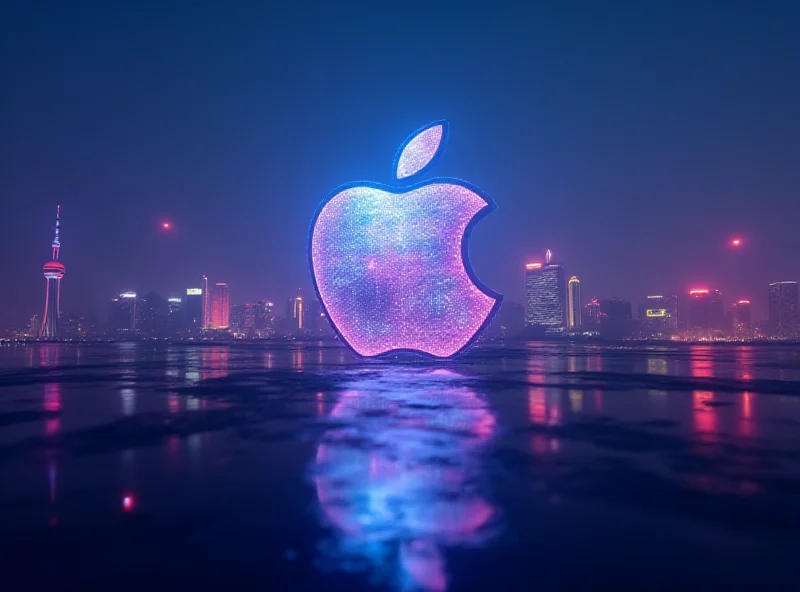 Conceptual image of an Apple logo merging with a DeepSeek logo against a futuristic cityscape of Shanghai, China.