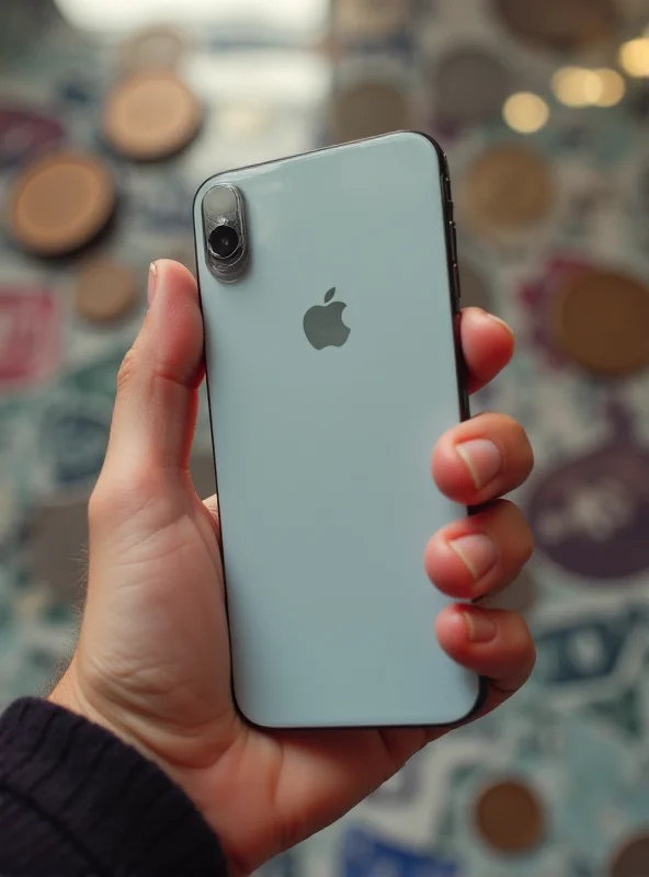 Close-up shot of a person holding a new iPhone 16e in Canada, with Canadian currency blurred in the background.