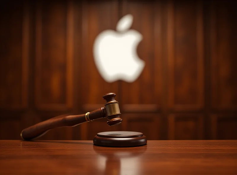 A courtroom scene with a judge's gavel and the Apple logo in the background.