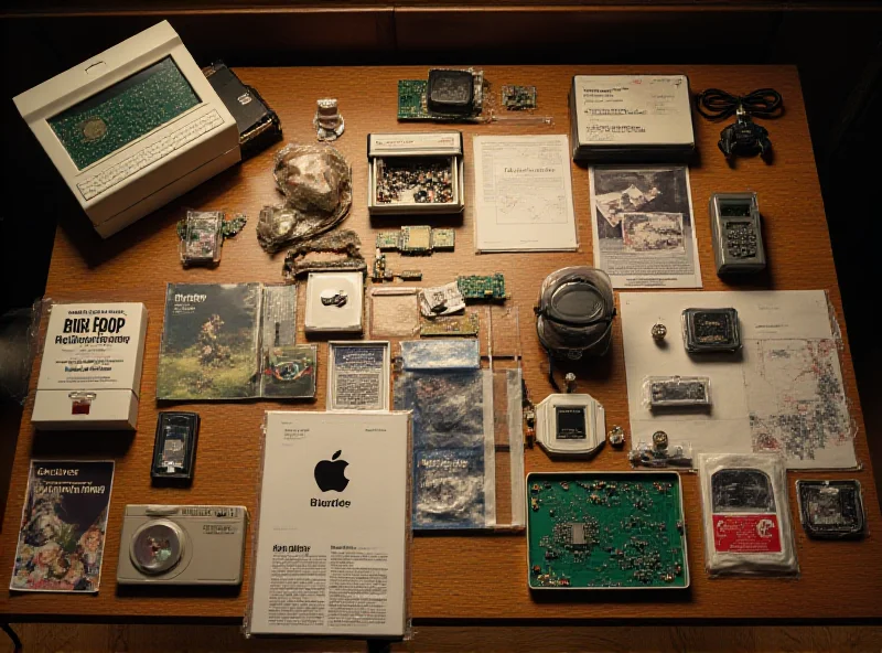A collection of vintage Apple products and memorabilia laid out on a table, including an Apple-1 computer, a boxed iPhone, and various Apple-related magazines.