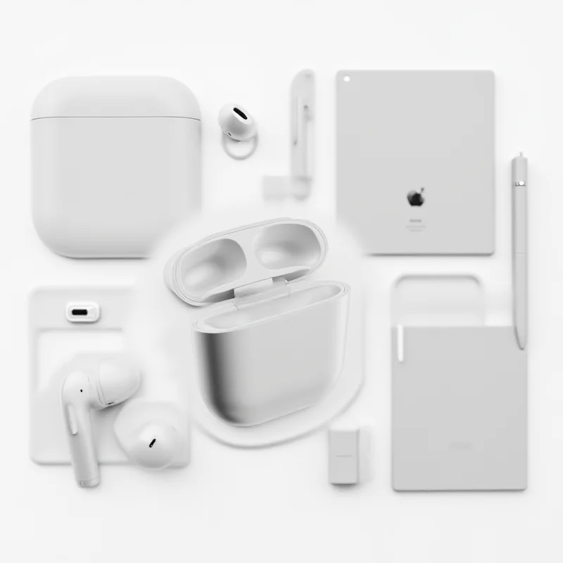 A collage of Apple products, including an iPhone, AirPods, and an iPad.