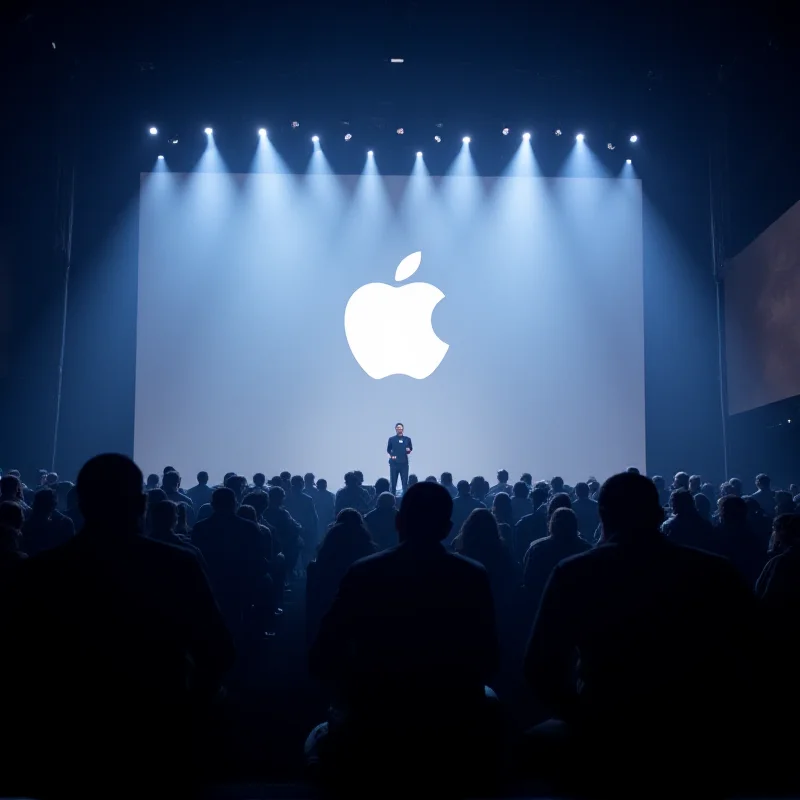 A wide shot of an Apple Event, showing a large screen and an audience of people.