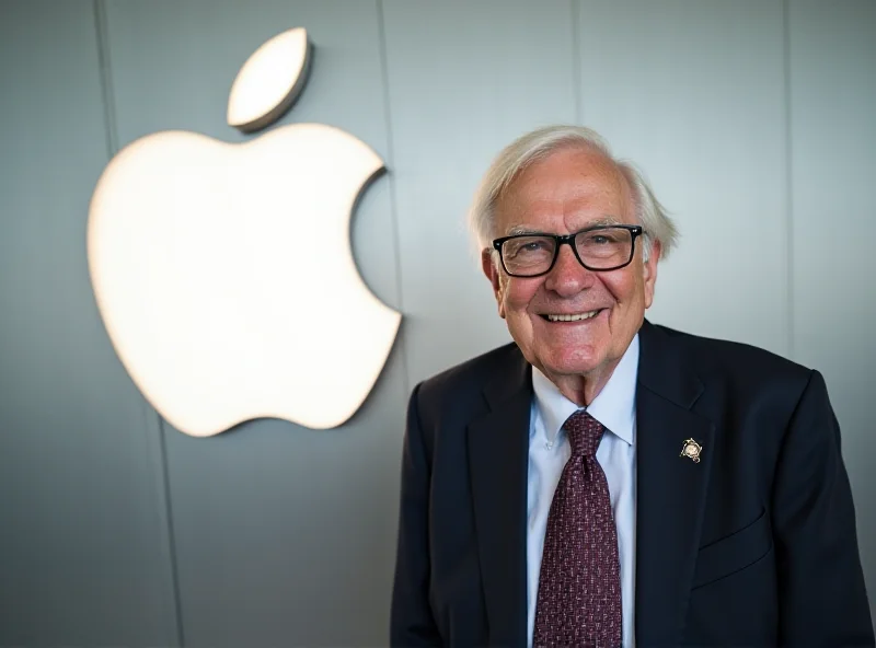 Warren Buffett smiling in front of an Apple logo