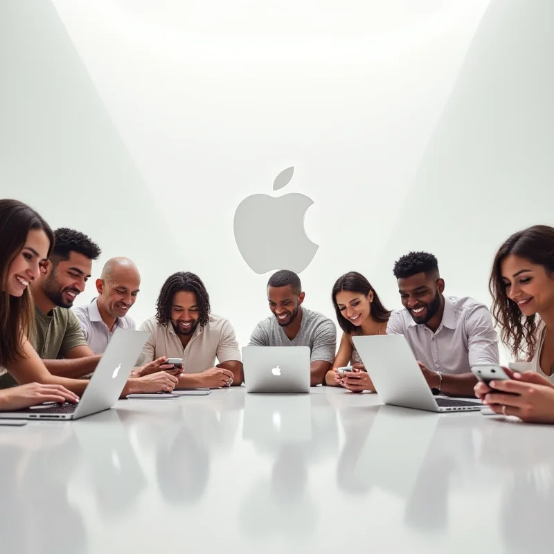 A diverse group of people using various Apple devices in a modern, minimalist setting
