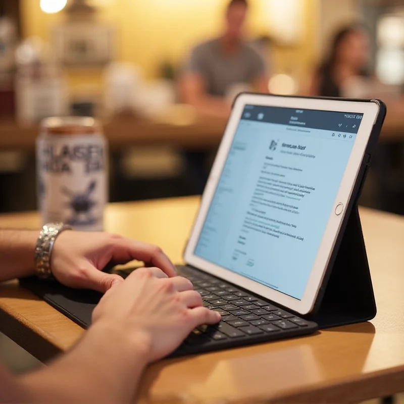 A person using an iPad Air with a sleek keyboard case.