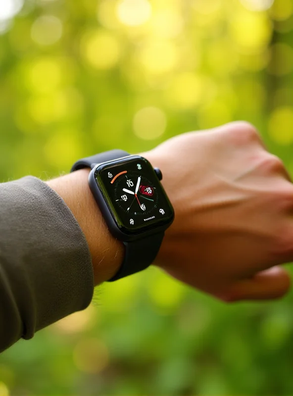 Close-up of an Apple Watch Series 9 on a wrist, highlighting its design and features in a natural outdoor setting.