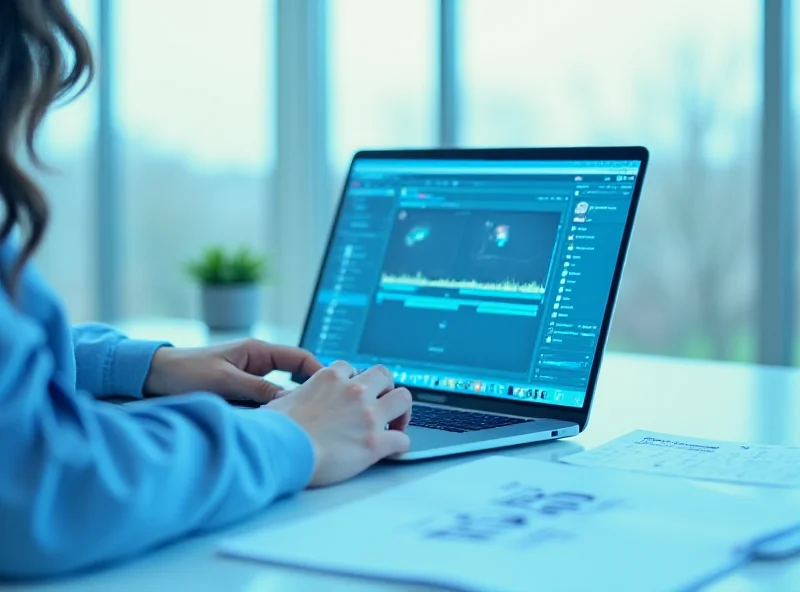 A sleek new MacBook Air in Sky Blue color, open on a desk with a person working on it.