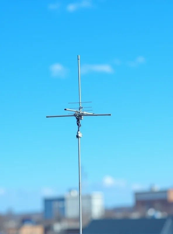 Close-up of a TV antenna mounted on a rooftop with a clear blue sky in the background.