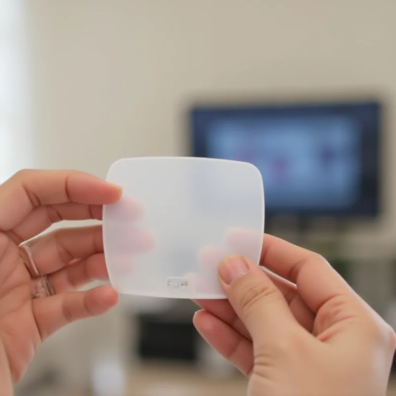 A person holding a small indoor TV antenna, demonstrating its compact size and ease of use.