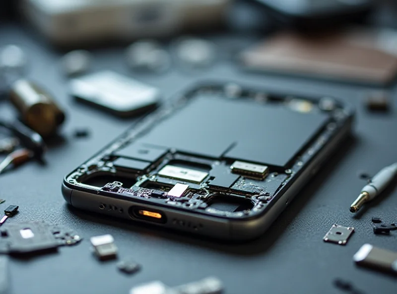 Close-up of iFixit tearing down an iPhone 16e, highlighting the USB-C port and internal components.