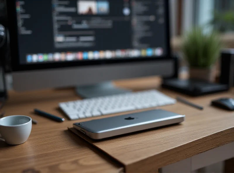 A sleek silver Apple Mac Studio on a wooden desk, surrounded by professional creative tools like a monitor, keyboard, and drawing tablet. The desk is well-lit, and the background is a blurred office environment.