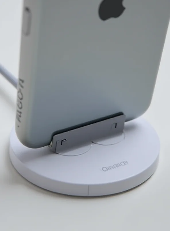 Close-up shot of an iPhone magnetically attached to a MagSafe wireless charging pad. The phone's screen displays a charging indicator.