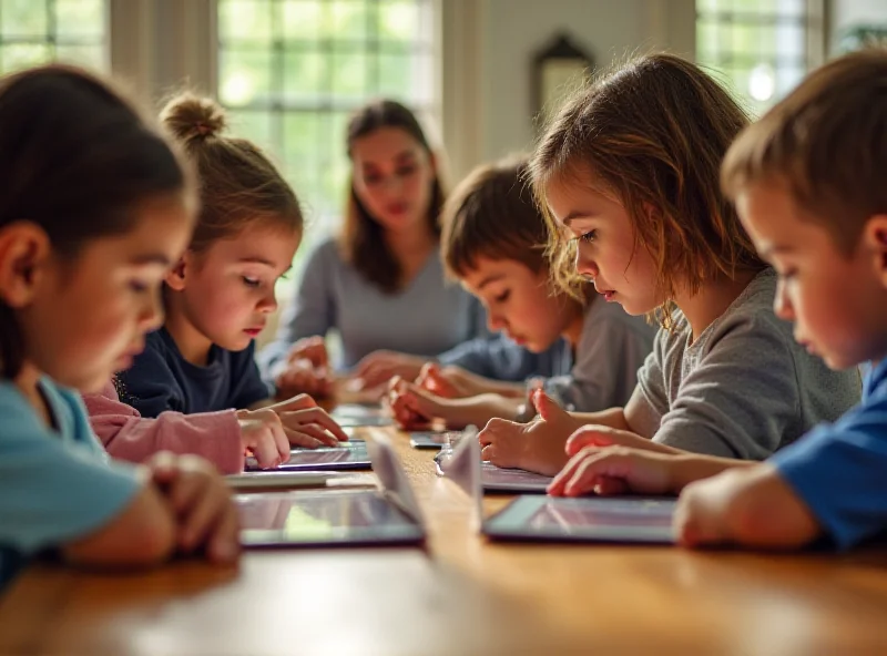 Children using tablets with parental control interfaces displayed.