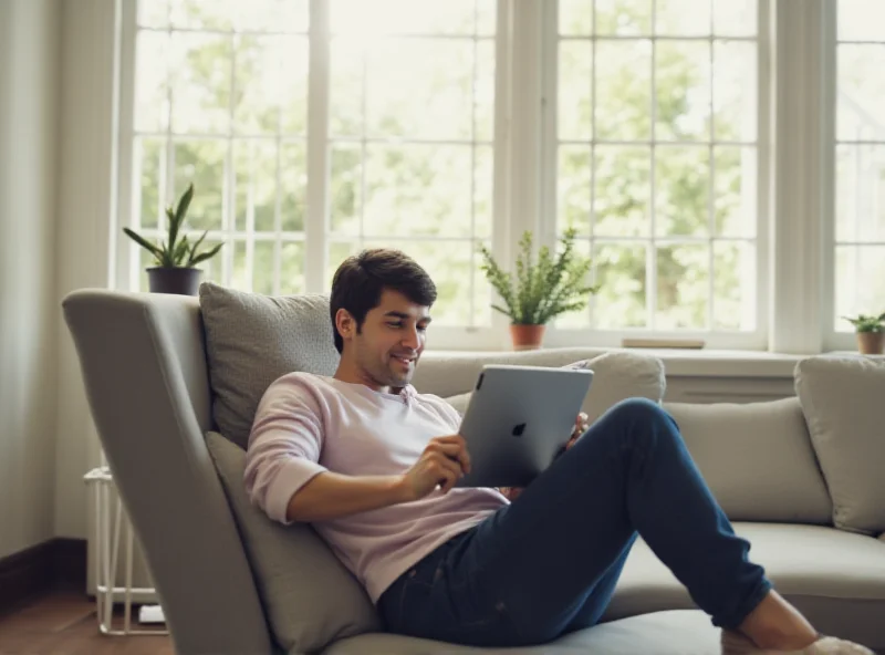 A person happily using a new iPad Air in a bright, modern living room, showcasing its portability and user-friendly interface.