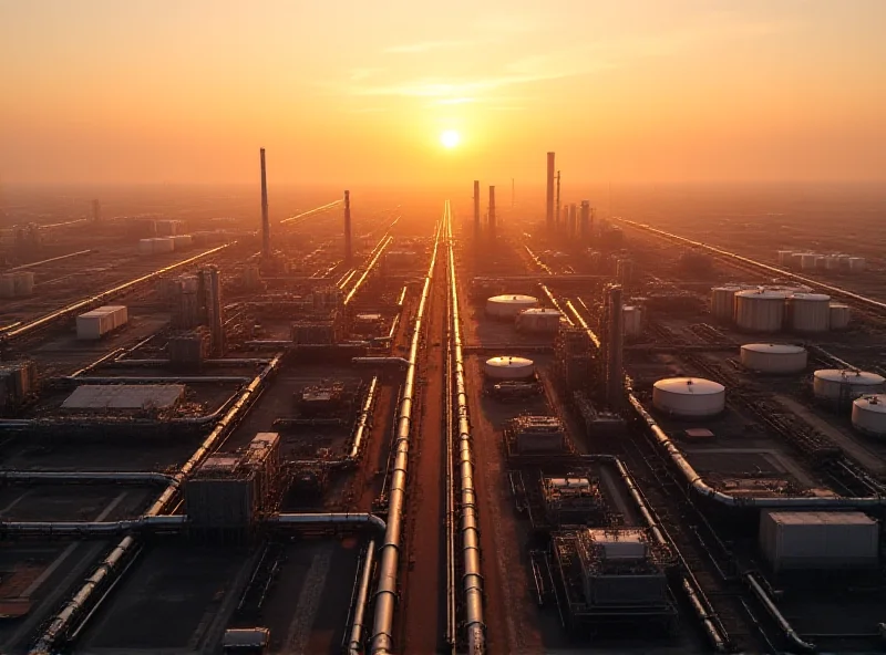 Aerial view of a massive oil refinery complex at sunset, with pipelines and storage tanks visible.