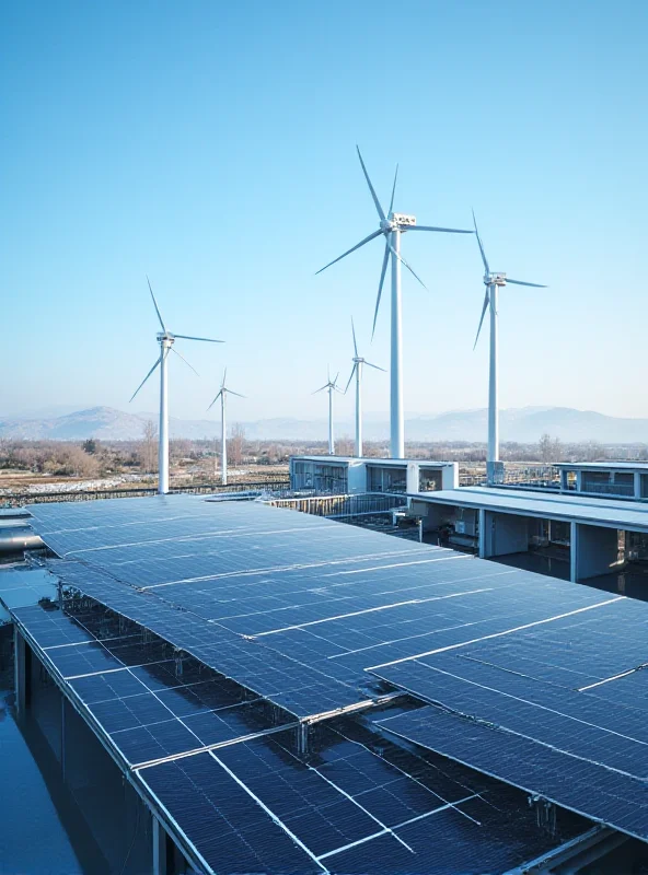 Modern industrial facility with solar panels and wind turbines in the background, symbolizing sustainable energy solutions.