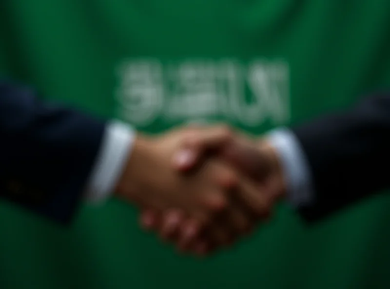 Close-up shot of a business handshake in front of the Saudi Arabian flag, symbolizing international partnership and investment.