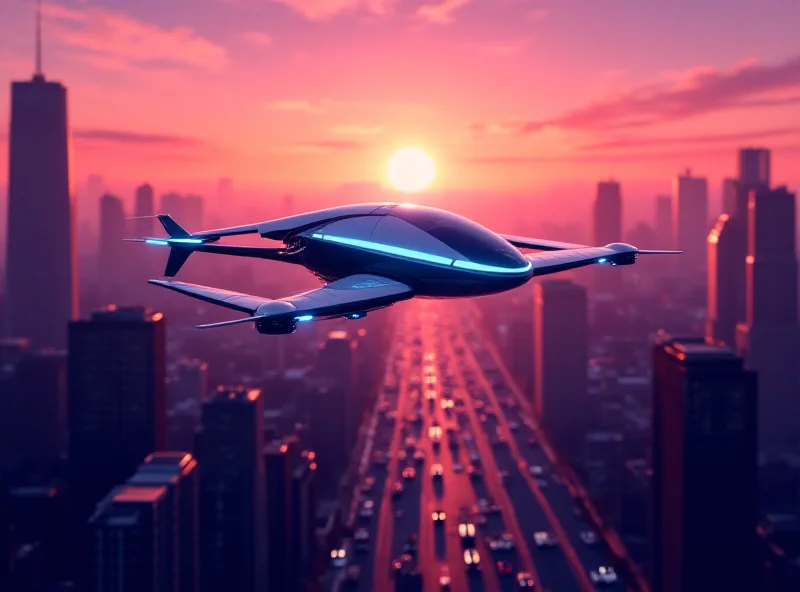 Illustration of an Archer Aviation electric vertical lift vehicle flying over a futuristic cityscape.