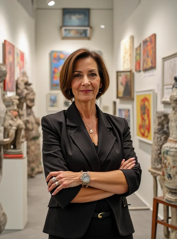 Elvira Gonzalez at her booth at ARCO, surrounded by artwork.