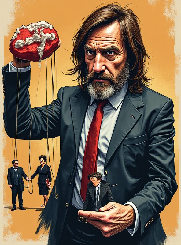 A stylized political cartoon depicting Javier Milei, president of Argentina, holding a puppet string attached to a Telefónica Argentina logo, with a shadowy figure of Cristina Kirchner in the background.