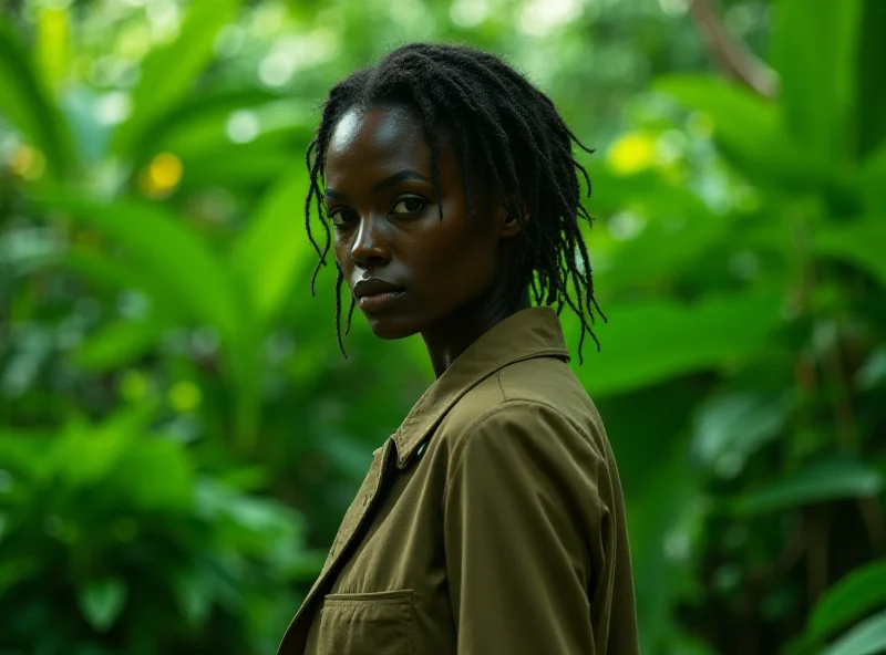 Tamara Lawrance as Millie Black in a tense scene, surrounded by tropical foliage.