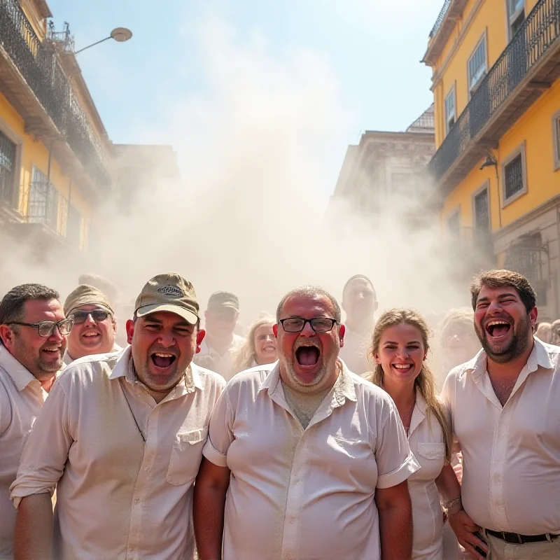 A vibrant scene from Los Indianos carnival in La Palma, with people dressed in white throwing powder in the air.