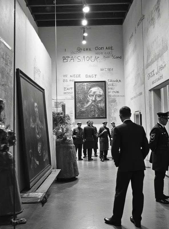 Black and white photograph of the Entartete Kunst (Degenerate Art) exhibition in Munich in 1937.