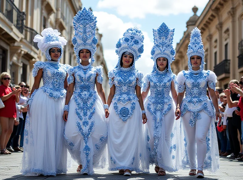 People wearing Sargadelos-inspired costumes at a carnival parade.