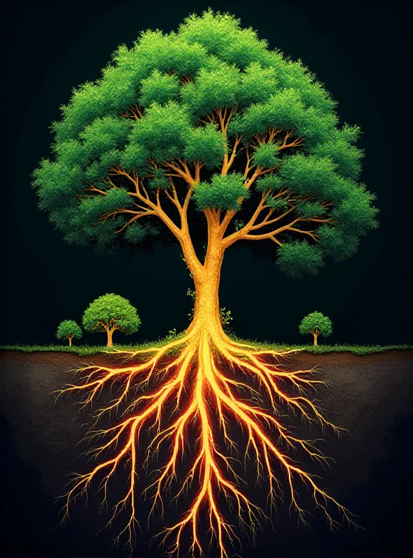 Illustration of underground fungal network connecting trees
