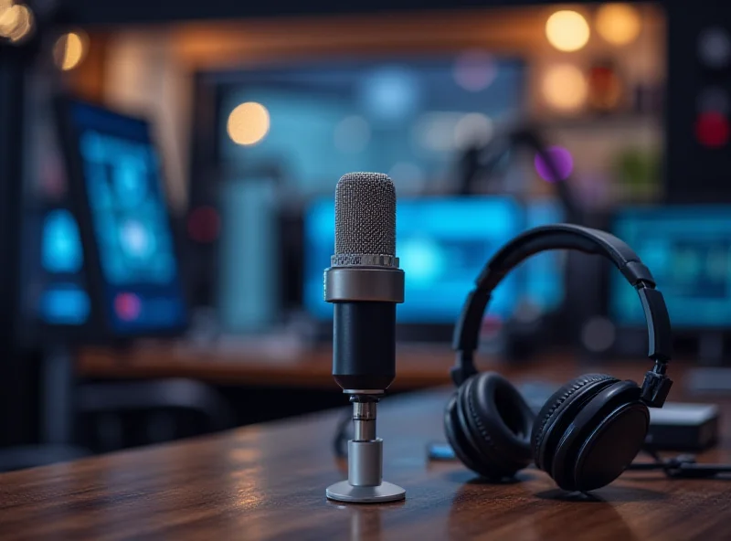 Radio station broadcasting booth with microphone and headphones.