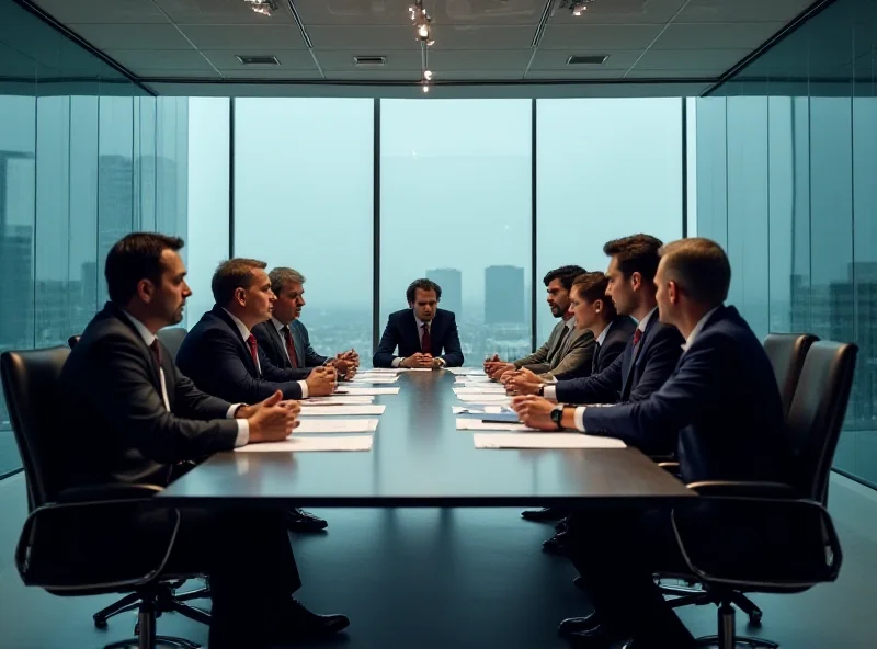 A modern office meeting room with people discussing media regulations.