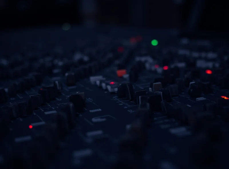 Close-up of a sound mixing board with multiple controls and lights.