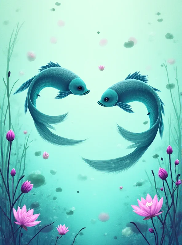 A serene illustration of a Pisces symbol (two fish swimming in opposite directions) surrounded by water lilies and other aquatic plants.