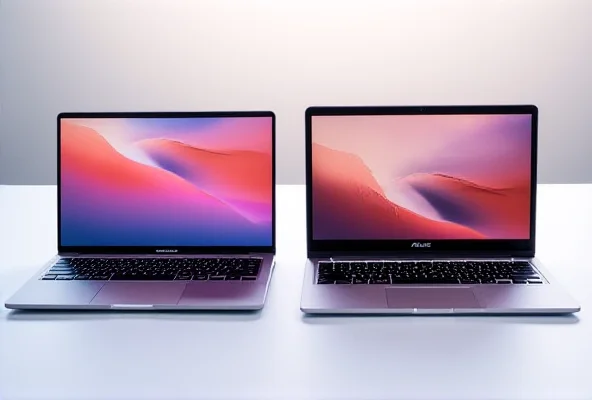 Asus Zenbook A14 and Vivobook 16 laptops side by side, showcasing their sleek design and vibrant displays, running the Snapdragon X series processors.