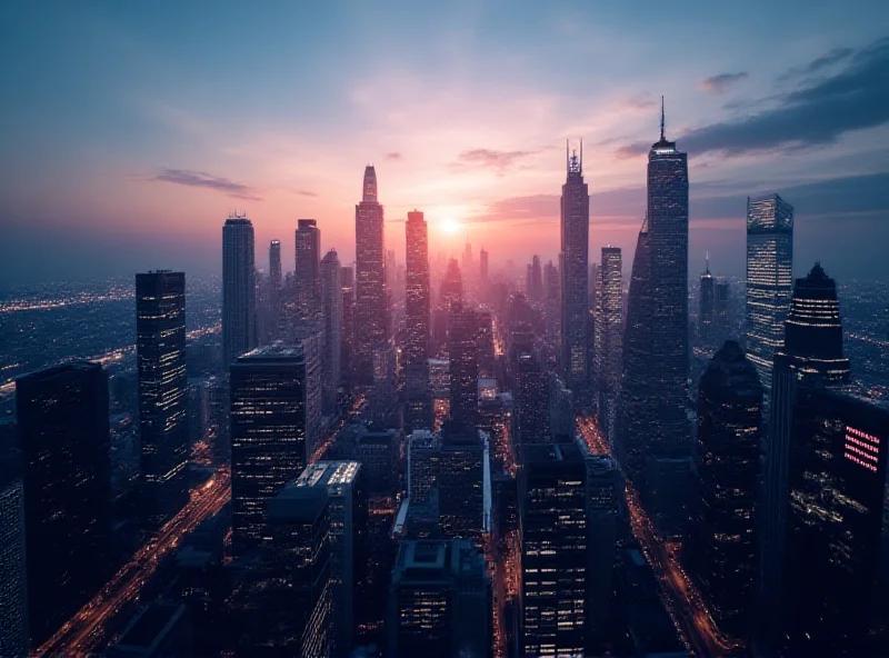 Modern cityscape with financial data overlayed, representing the financial system and potential growth.