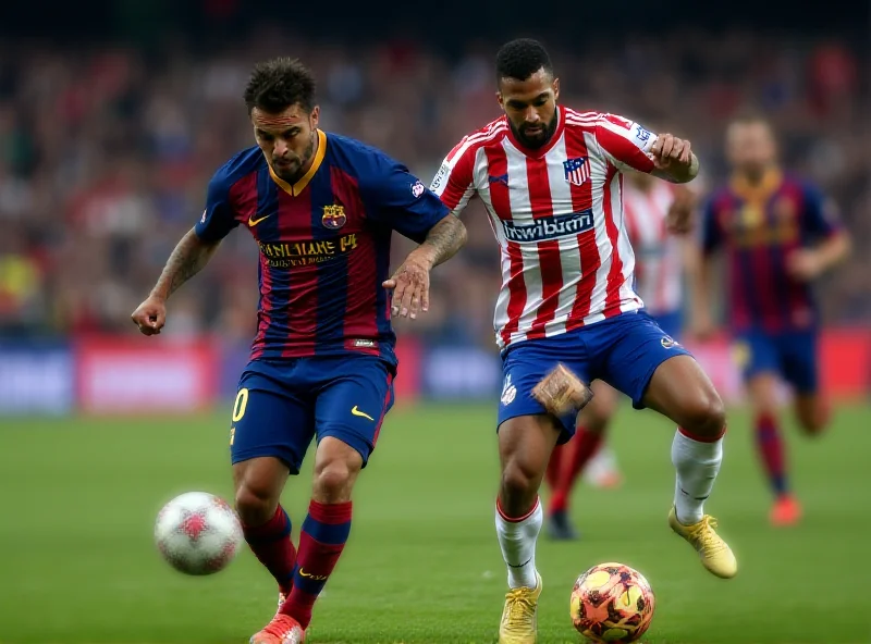 Players from Barcelona and Atletico Madrid battling for the ball during a Copa del Rey match.