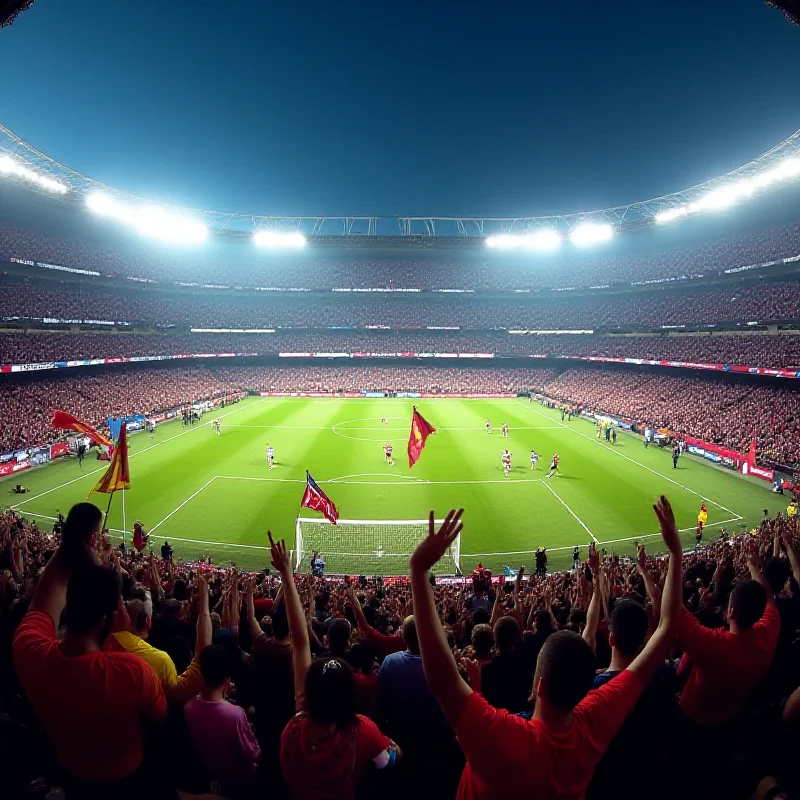 A wide shot of the stadium during the Copa del Rey match between Barcelona and Atletico Madrid, with fans cheering in the background.