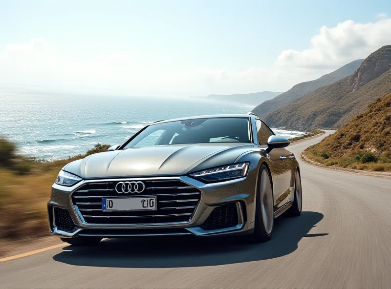 Sleek silver Audi A6 station wagon driving on a winding coastal road with the ocean in the background, showcasing its elegant design.