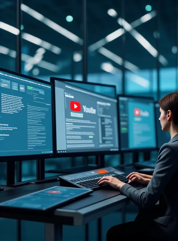 A close-up shot of a modern office interior with multiple computer screens displaying Google, YouTube, and Android interfaces, highlighting Alphabet's diverse portfolio.