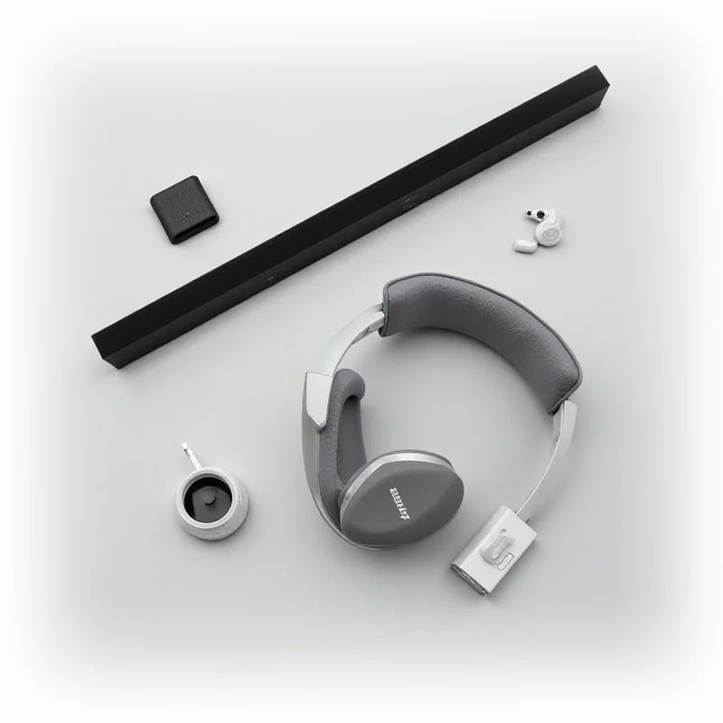 A variety of audio products including headphones, soundbars, and portable speakers arranged on a table