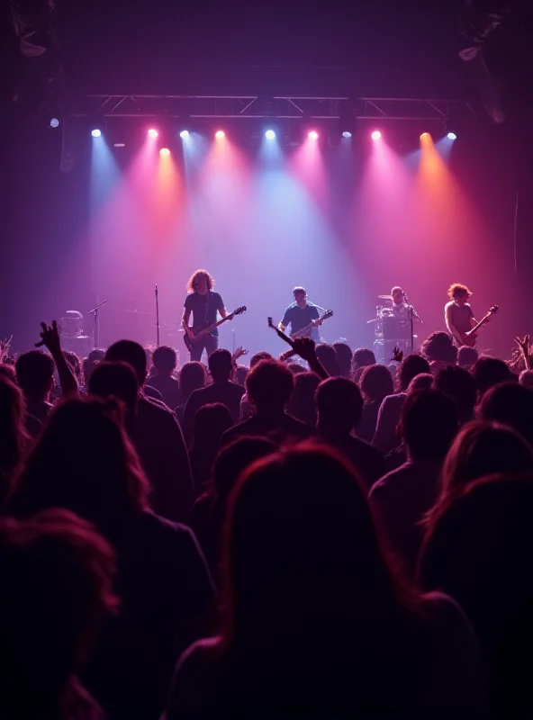 Crowd of people enjoying a live music concert, stage lights shining, vibrant atmosphere.
