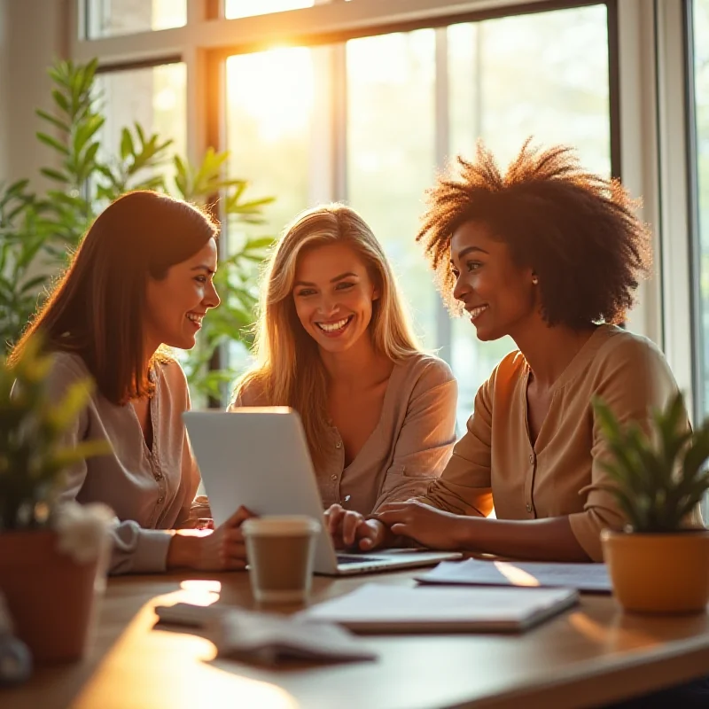 Three diverse women smiling and working together in a modern office, laptops and plants on the desk, sunlight streaming in.