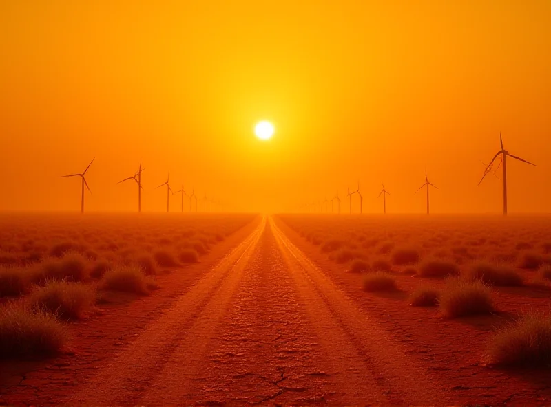 A scorching Australian landscape with heat waves rising from the ground, illustrating the extreme summer temperatures. In the background, wind turbines symbolize the need for renewable energy.