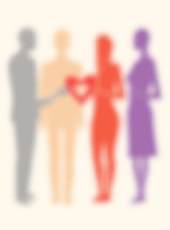 Four stylized figures representing the four types of lovers: mild, moderate, intense, and libidinous. Each figure has a different color and posture to reflect their respective characteristics. In the background, a subtle heart shape connects the figures.