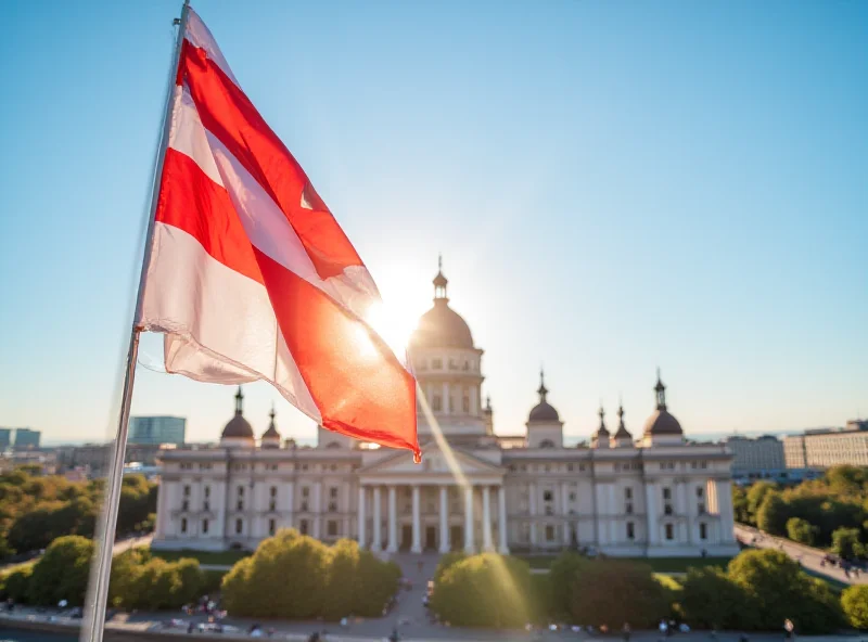 Austrian flag waving in front of the Austrian Parliament building in Vienna.