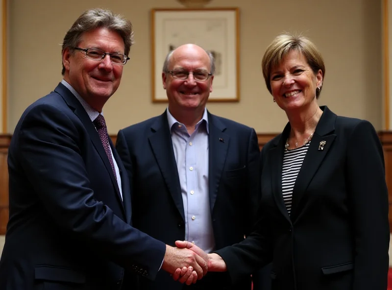 Three party leaders smiling and shaking hands