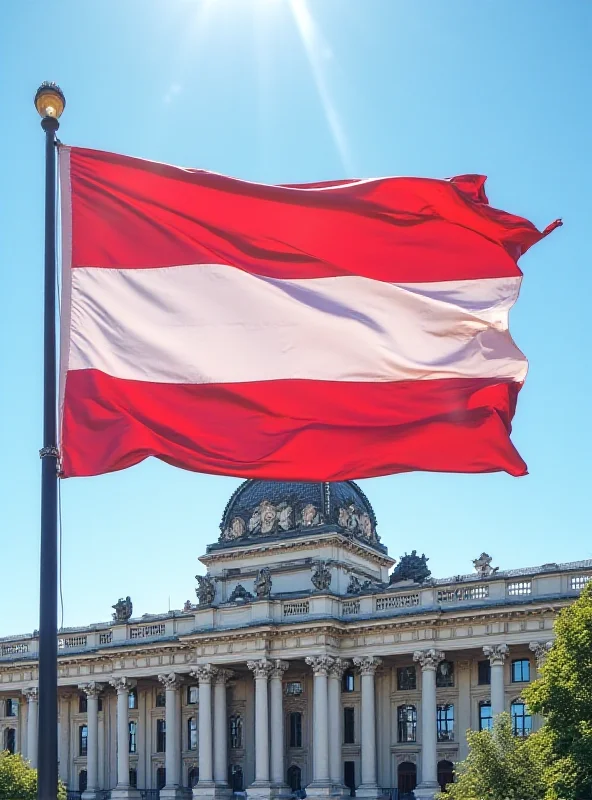 A modern depiction of the Austrian flag waving proudly in front of the Austrian Parliament building in Vienna, symbolizing political change and national identity.